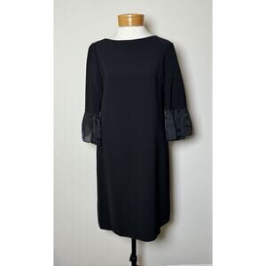Donna Morgan Black Sheath Dress SZ 12 Pleated Bell Sleeve LBD Career Cocktail